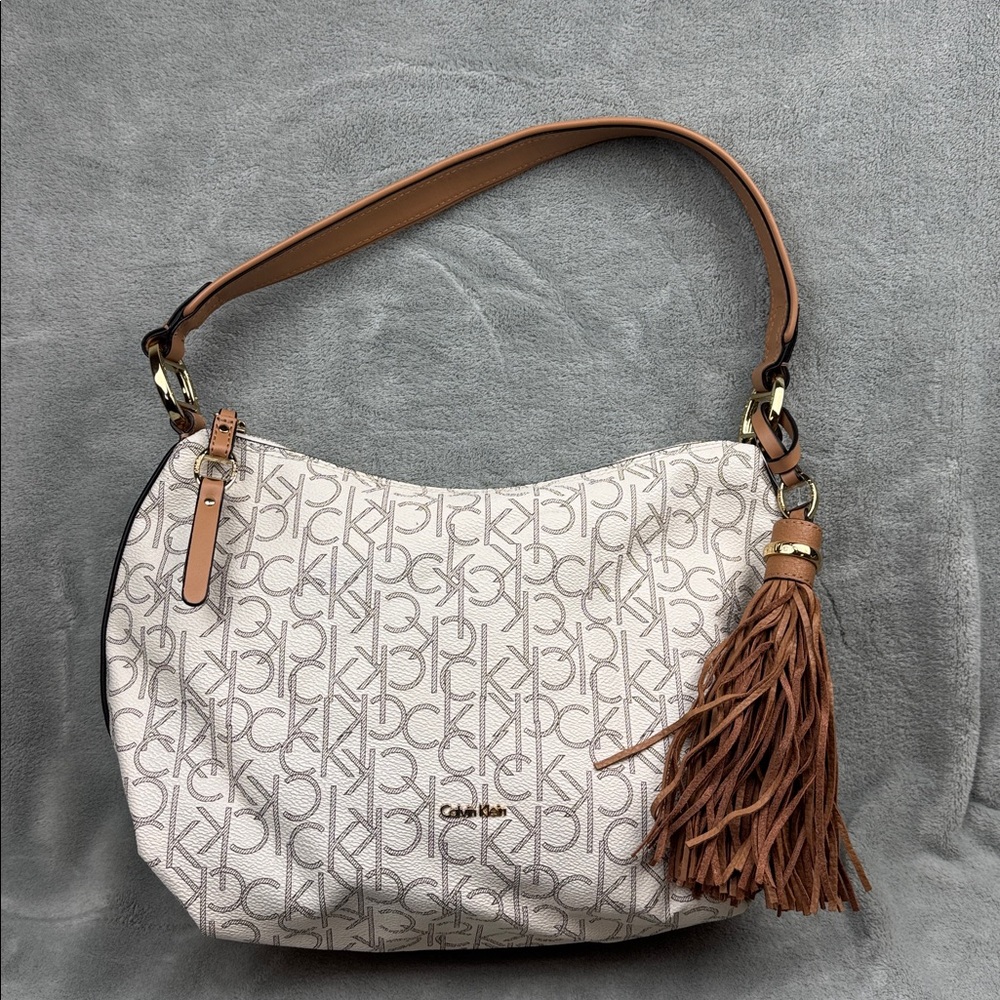 Calvin Klein Logo Print Hobo Bag in Cream and Brown